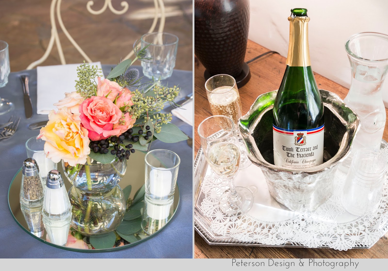 Centerpiece and Champagne at The Hacienda Weddings Santa Ana