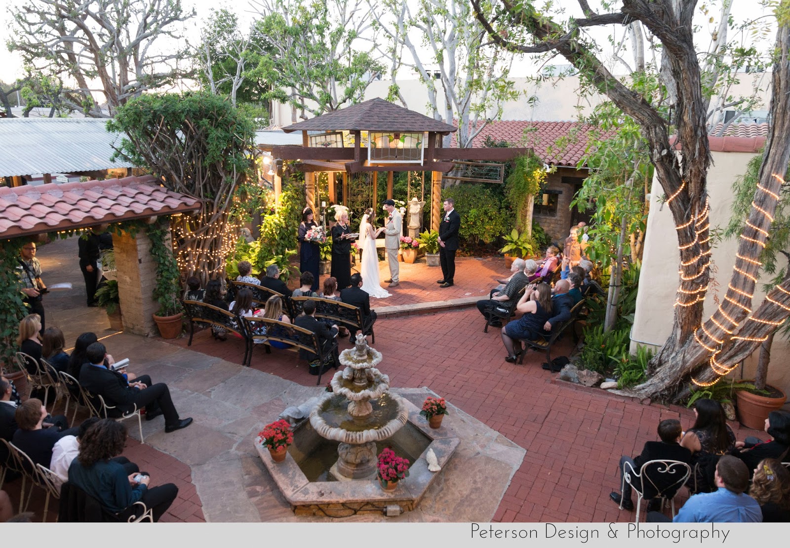 Hacienda Wedding Ceremony Fountain Courtyard Bride and Groom Married